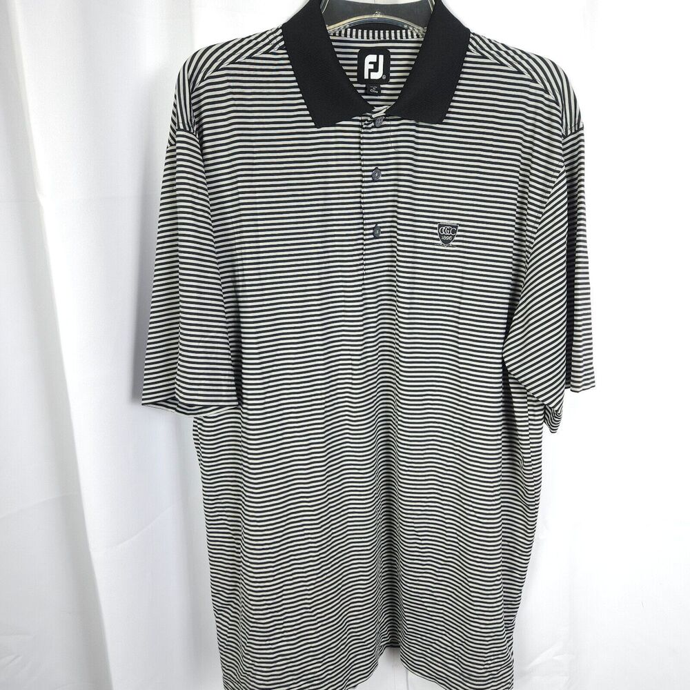 Footjoy Mens XL Black White Striped Lisle‎ Feeder Golf Stretch Polo Shirt